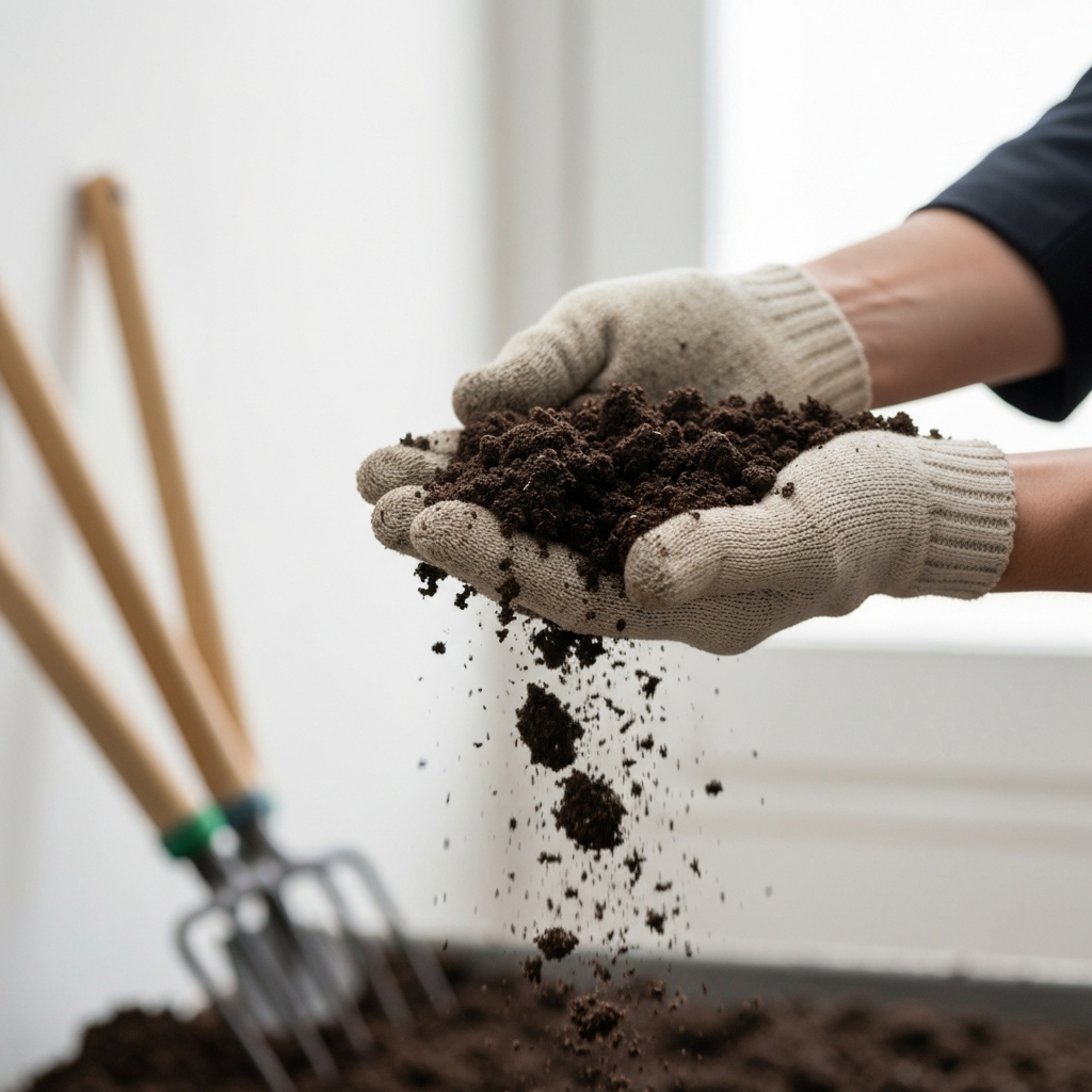 Side-lit close-up of rich, dark soil being sifted through a gloved hand. Focus is on the texture and moisture of the soil, with soft bokeh in the background showing garden tools.
