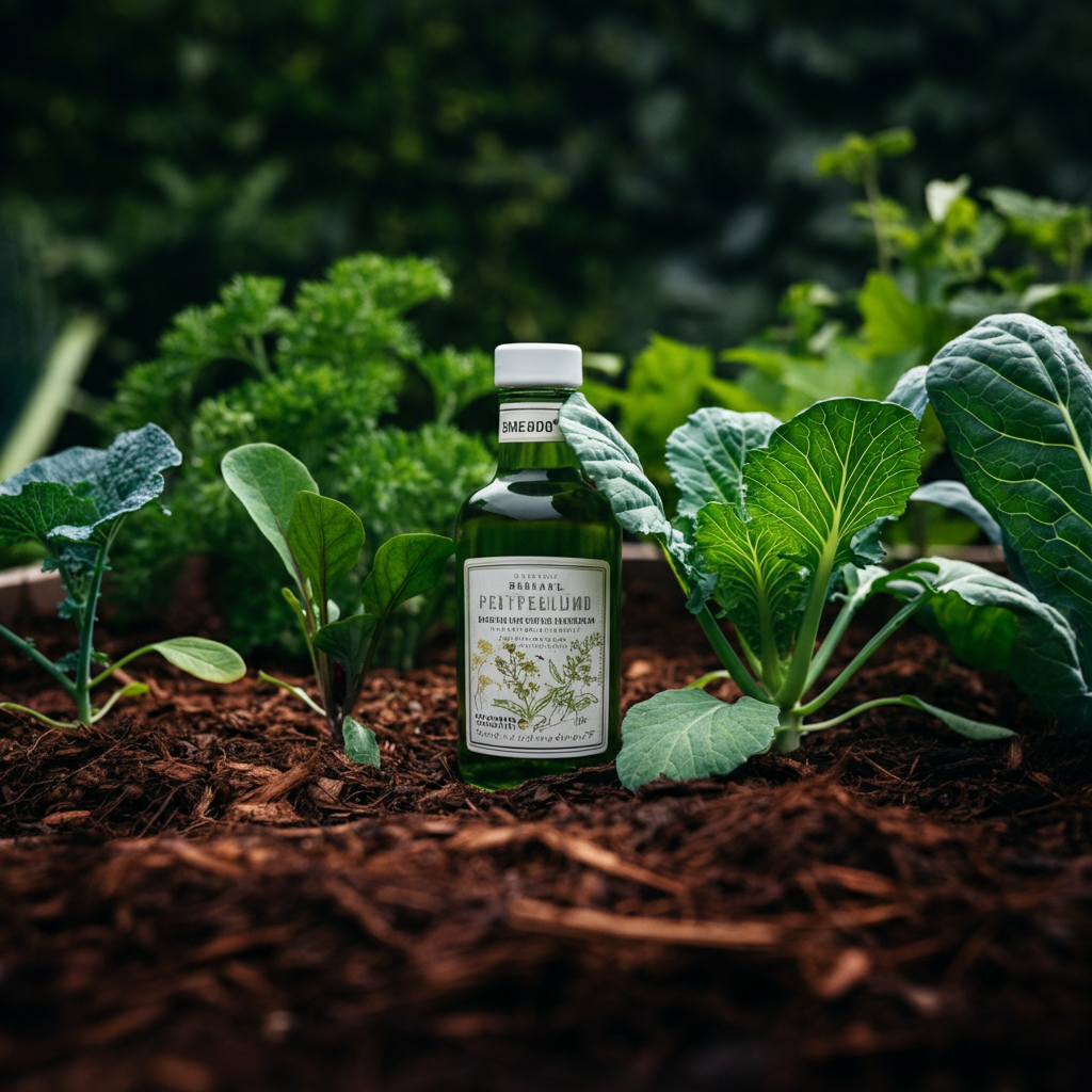 A wide shot of a raised garden bed with various vegetables growing. Mulch is visible around the plants. Soft focus on the background elements, highlighting the greenery.