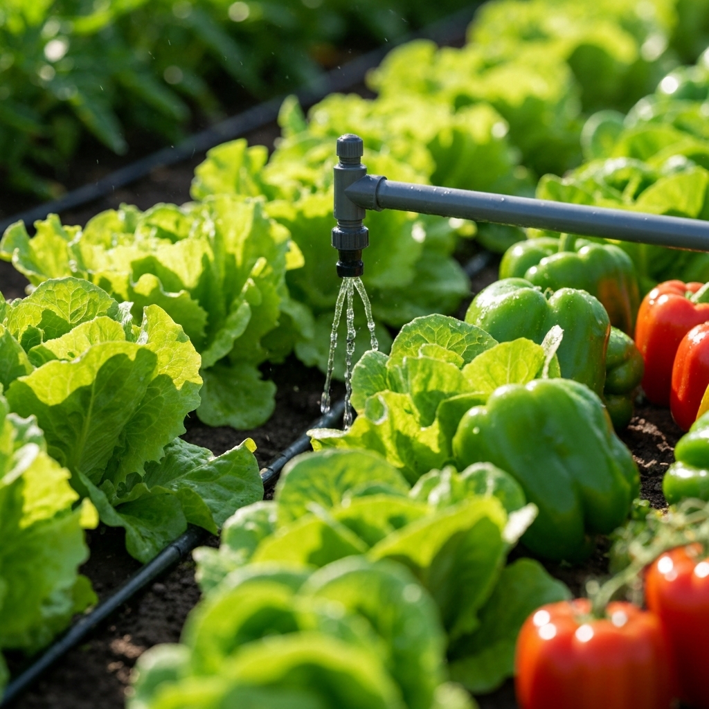 A close-up shot of a drip irrigation system in action, watering rows of vegetable plants. Focus on the droplets of water and the healthy foliage. 