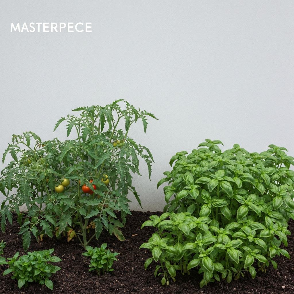 A medium shot of a diverse garden bed, showcasing companion planting. Tomatoes are growing alongside basil, and marigolds are planted as pest deterrents. 