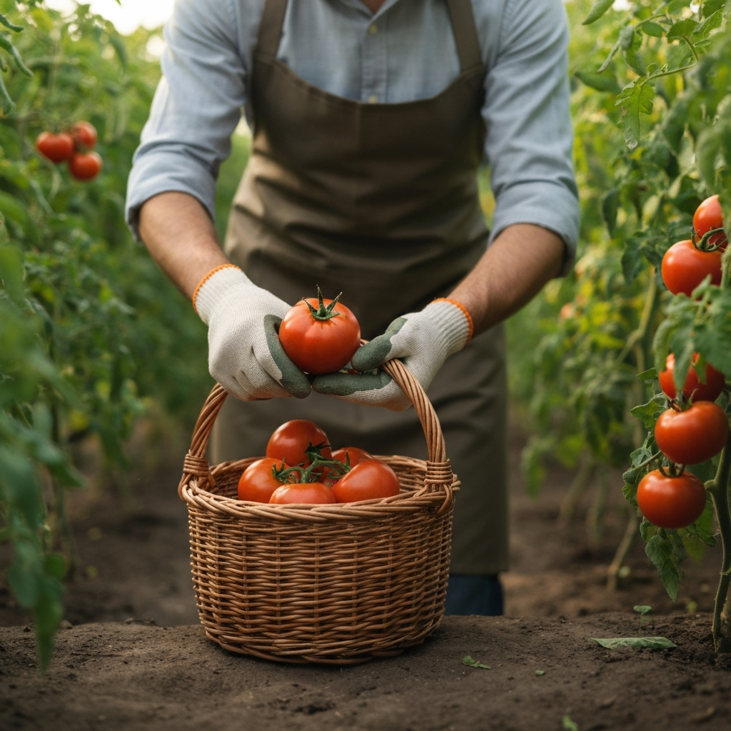 A person wearing gardening gloves and an apron harvesting ripe tomatoes from a vine. They are carefully placing the tomatoes in a wicker basket. Natural light fills the scene.