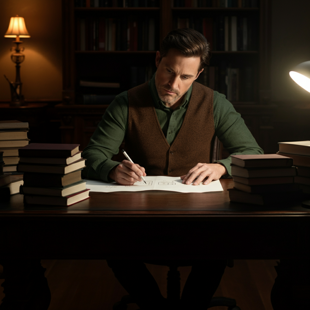 A warmly lit study. A person sits at a large wooden desk, surrounded by books. They have a thoughtful expression as they consider a complex diagram in front of them, their hands resting on the desk, ready to make annotations with a pen. Soft bokeh in the background from a desk lamp.