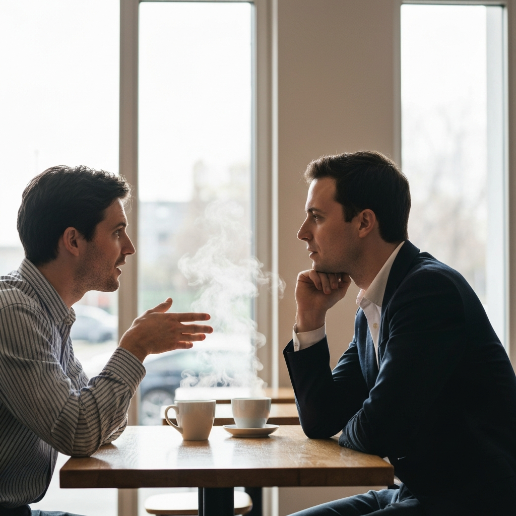 A brightly lit coffee shop, mid-morning. Two individuals are engaged in a lively discussion. One gestures with their hand while the other leans in, listening intently. Steam rises from a mug on the table between them. The scene is captured with shallow depth of field, focusing on their faces.