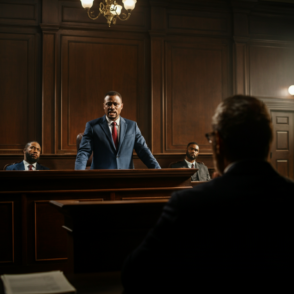 A courtroom setting, lit dramatically. A lawyer stands at a podium, addressing a jury. The jurors are attentive, their faces reflecting different emotions. The scene is framed tightly on the lawyer, capturing their confident expression.