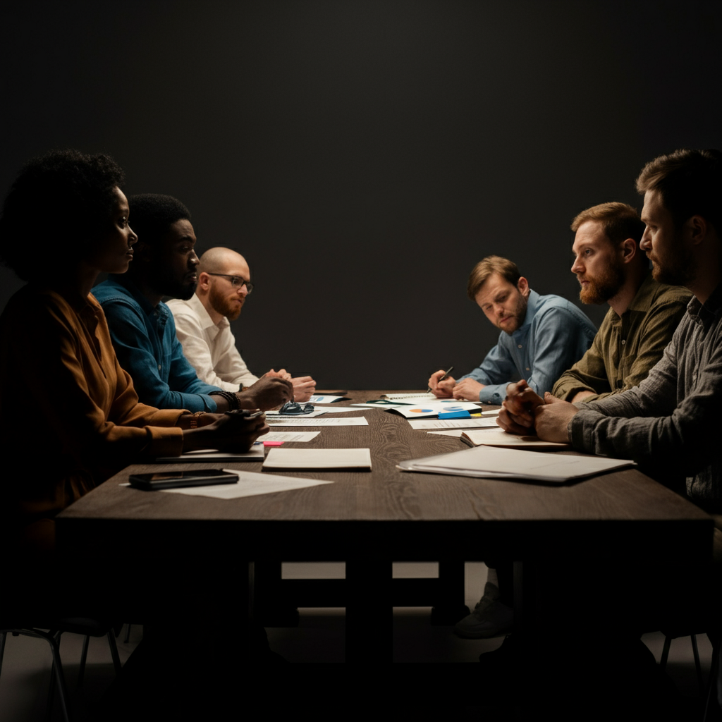 A diverse group of people sitting around a large table, engaged in a discussion. The table is covered with papers and notebooks. The lighting is warm and inviting, creating a sense of collaboration.