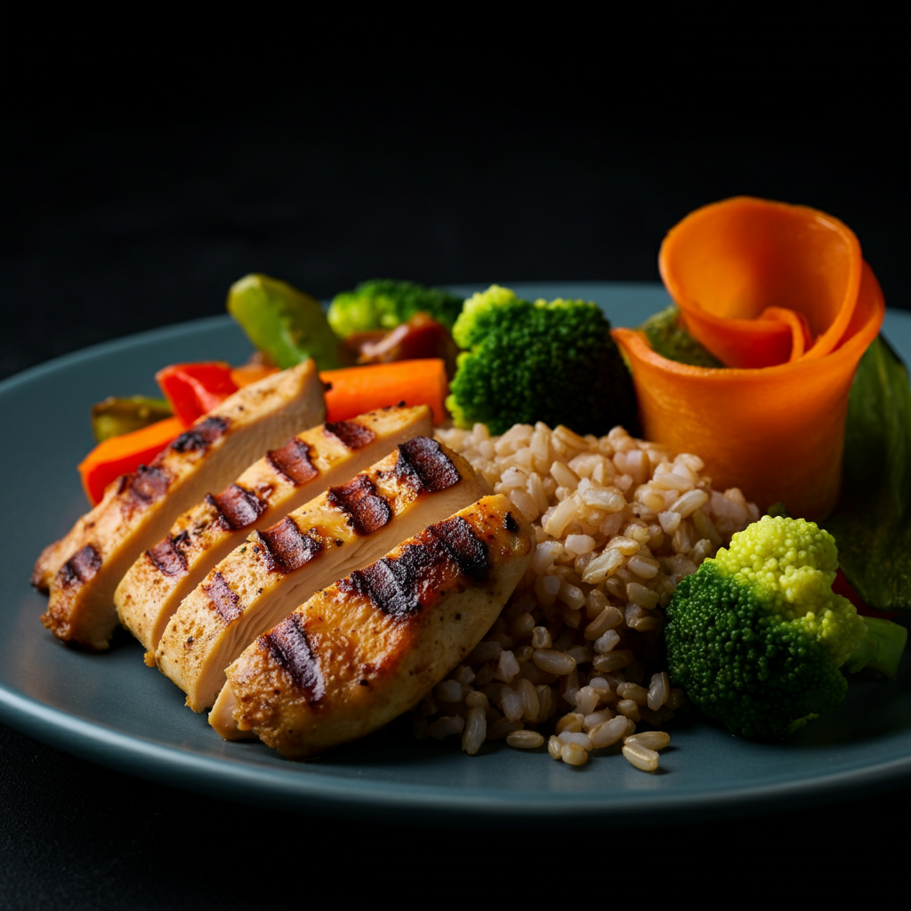 A close-up shot of a healthy, balanced meal consisting of grilled chicken, brown rice, and steamed vegetables. The food is arranged artfully on a plate, and the lighting is warm and inviting. Textures of the food are clearly visible.