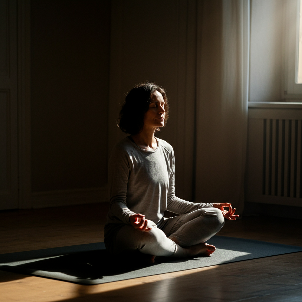A person in comfortable clothing sits cross-legged on a yoga mat in a serene room, eyes closed, meditating. Soft natural light filters in from a nearby window, creating a calm and peaceful ambiance. The texture of the yoga mat is subtly visible.