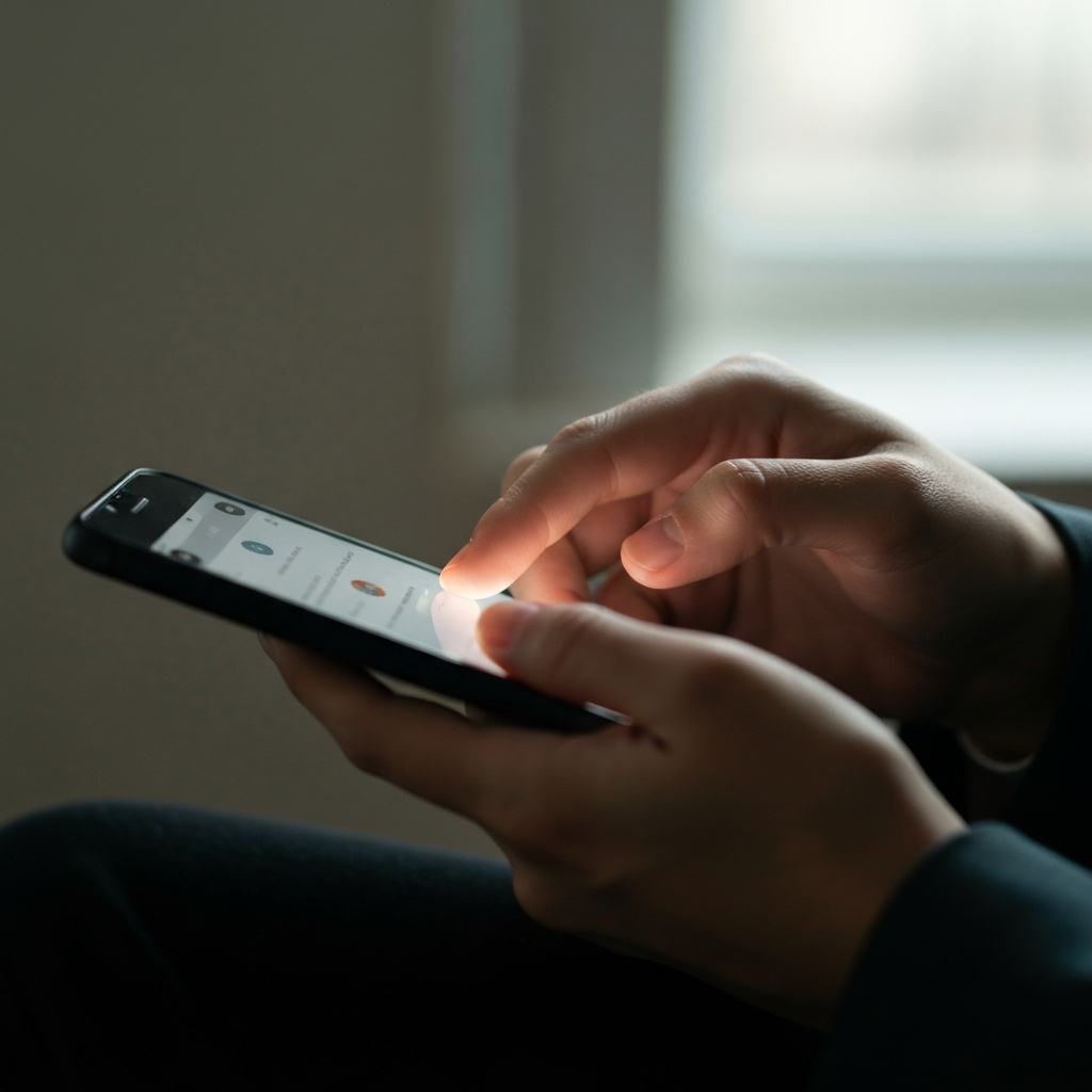 Close-up of a person's hands scrolling through TikTok on a phone. The phone screen is slightly blurred, but the focus is on the hand's gesture and the soft glow of the screen illuminating the fingers. Natural window light illuminates the hand.