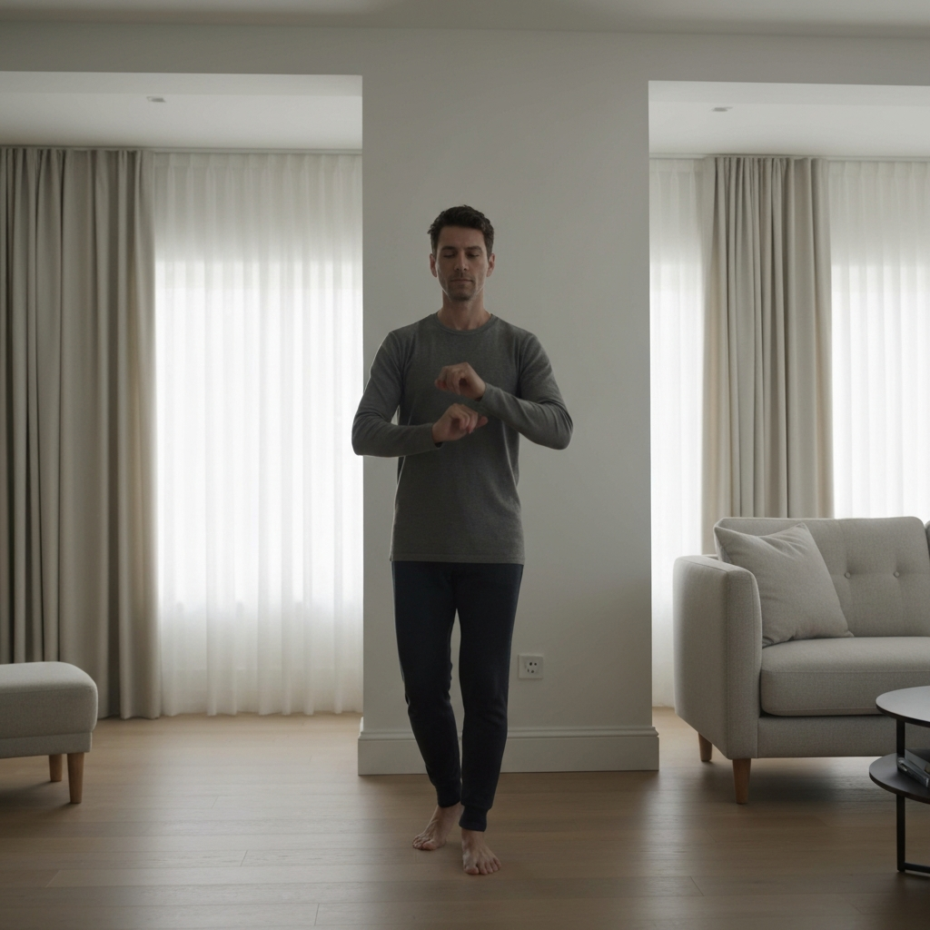 A person standing in a well-lit living room, practicing simple dance moves. The lighting is soft and diffused, creating a relaxed atmosphere. The person is wearing comfortable clothing. Camera captures a waist-up shot.