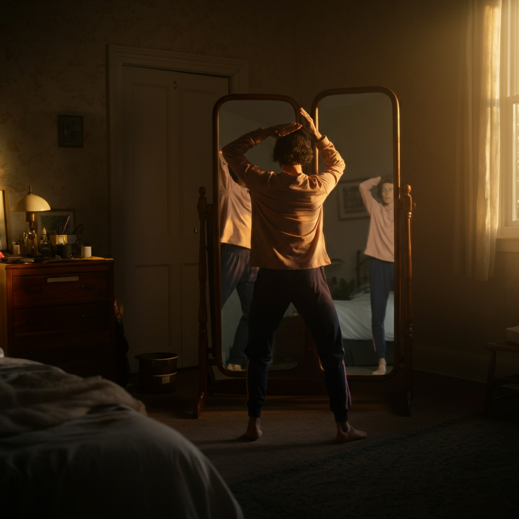 A person in a bedroom practicing dance steps in front of a full-length mirror. The room is decorated sparsely. Soft morning light enters through a window, illuminating the person's reflection.