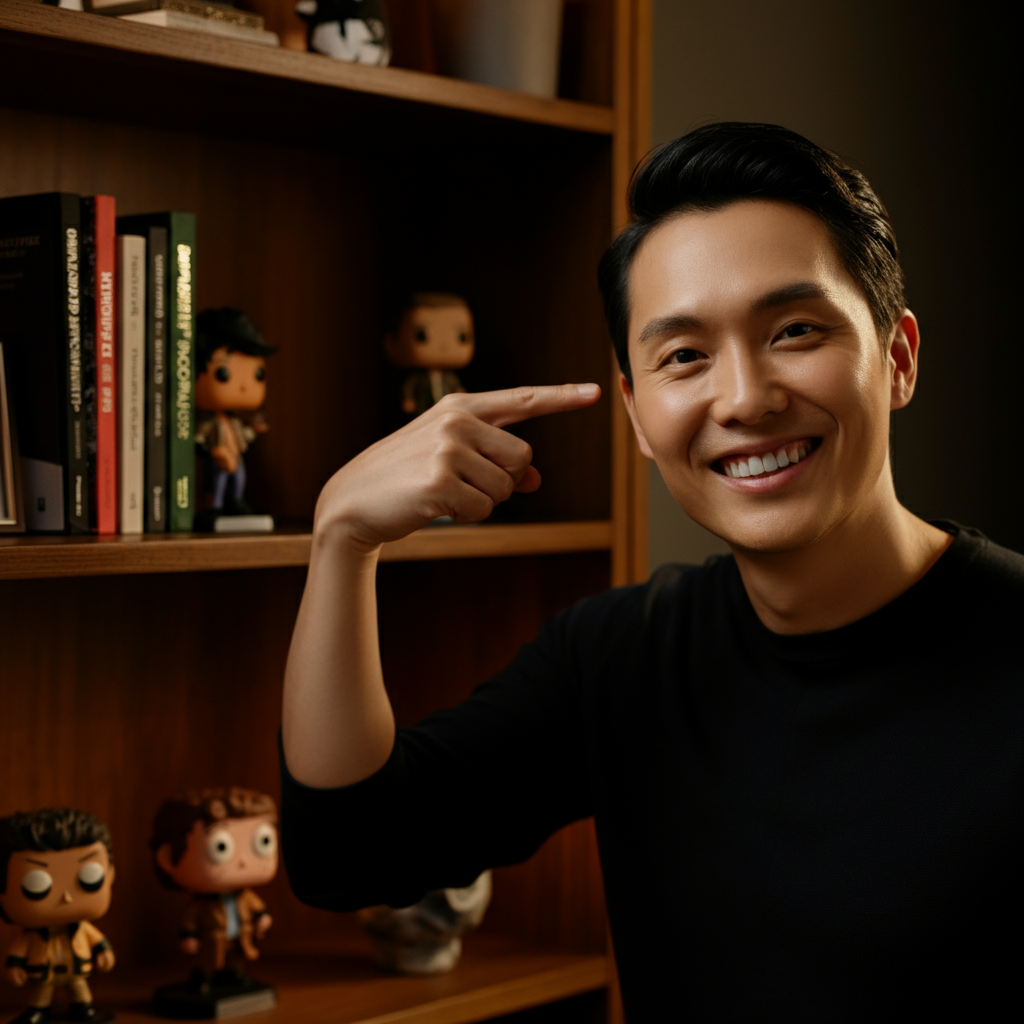 A brightly lit home office, with a person smiling at the camera while pointing at a shelf filled with books and figurines. The scene is framed with soft bokeh in the background, highlighting the personal items on the shelf.