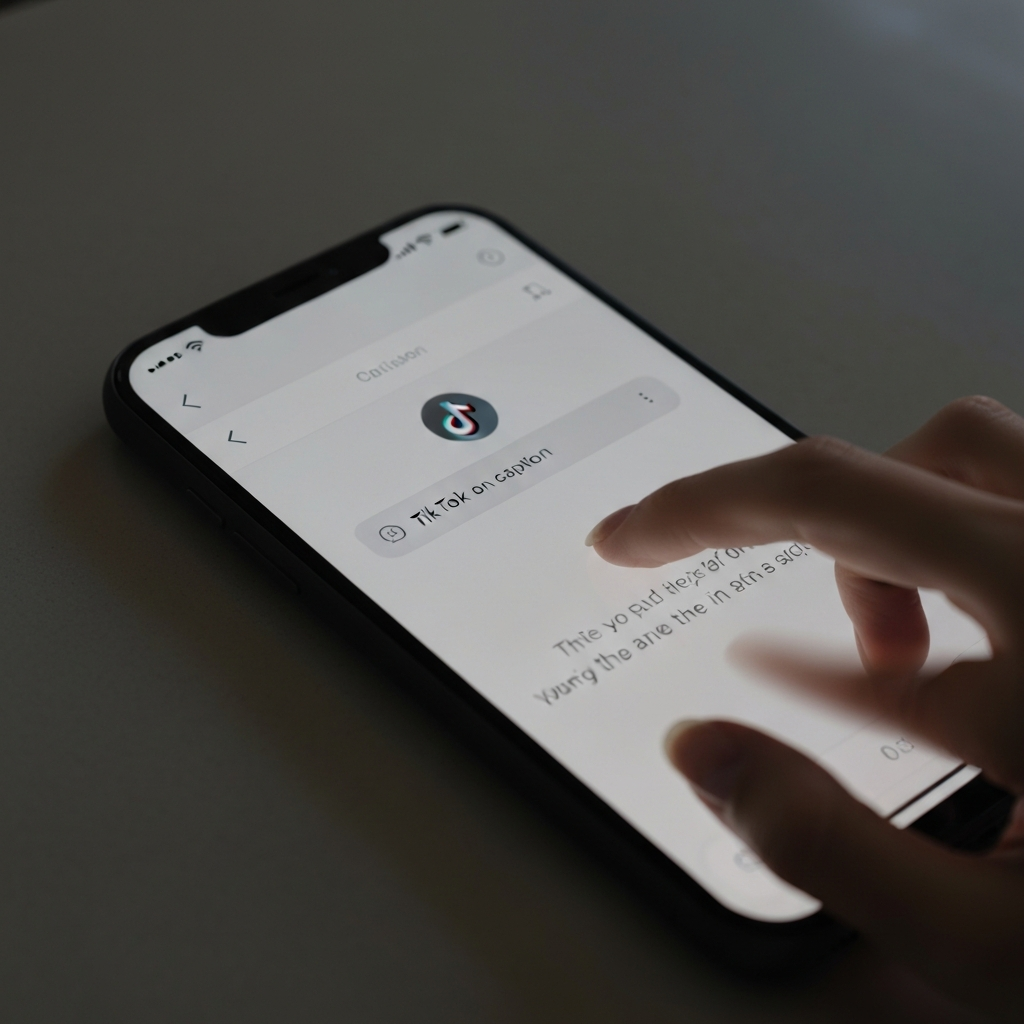 Close-up shot of a smartphone screen displaying the TikTok caption interface. The fingers of a person are shown typing a caption. The screen is illuminated with a soft light.