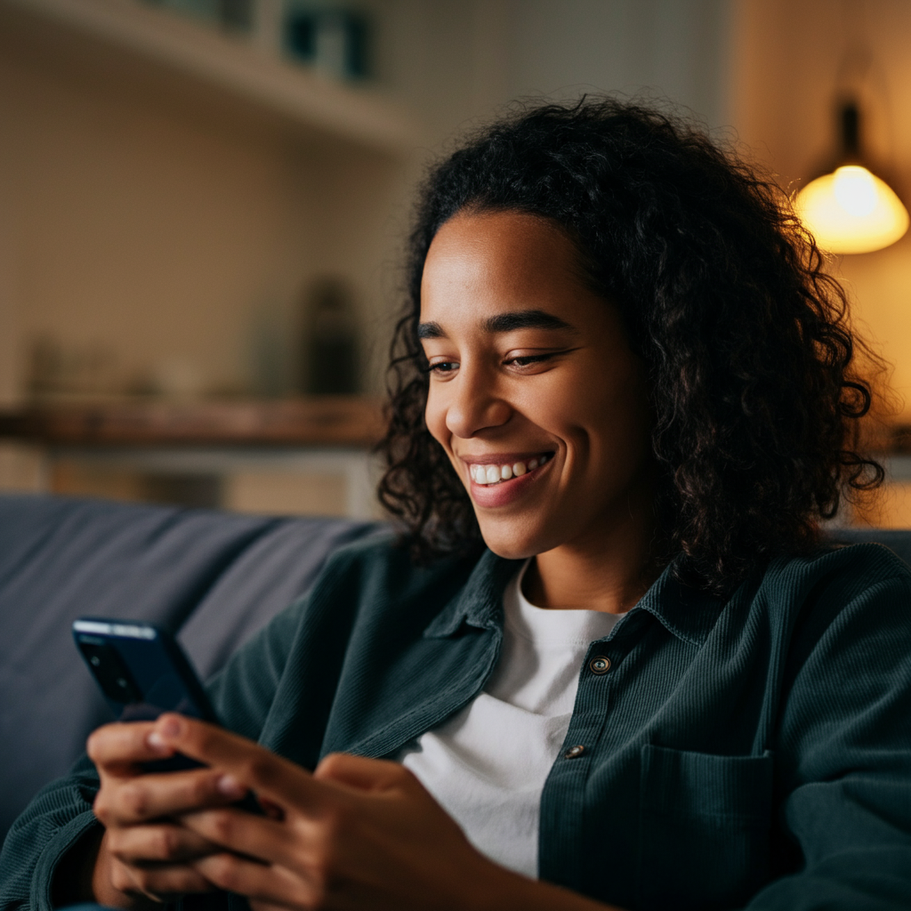 A person sitting on a couch, looking at their smartphone and smiling. The room is warm and inviting, with soft lighting and comfortable furniture. Focus on the person's face and the smartphone screen.