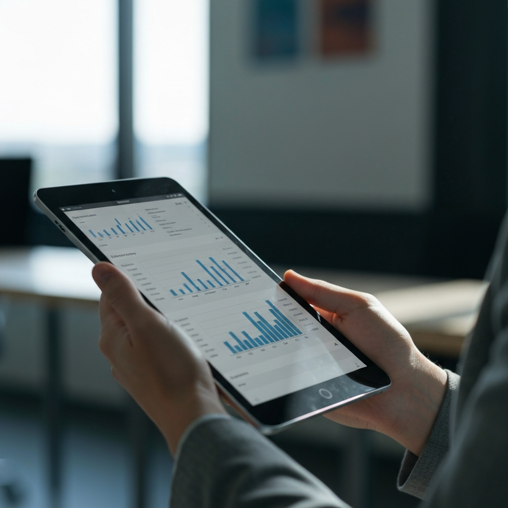 A close-up of a hand holding a tablet displaying survey results, softly lit with natural window light. The background is a blurred office setting with muted colors.
