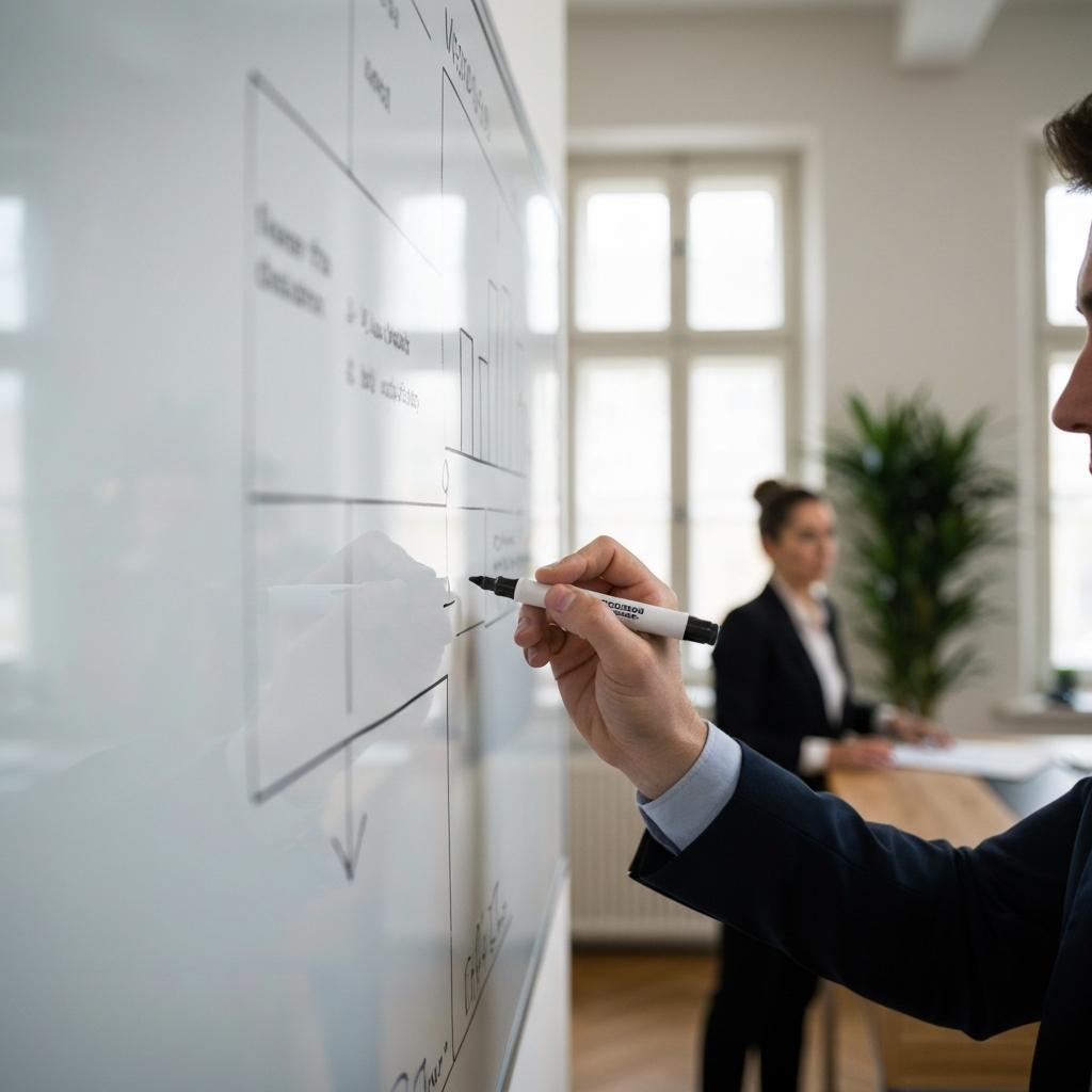 An entrepreneur in a home office setting is sketching a business model on a whiteboard. The room is brightly lit with daylight streaming through a window. Focus is on the hand holding the marker.