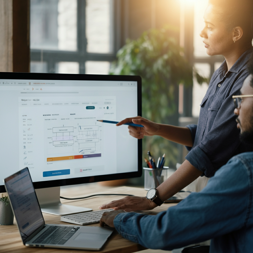 Two people are collaborating on a marketing campaign strategy, pointing at a large screen displaying website analytics. Natural light is streaming in from a nearby window.