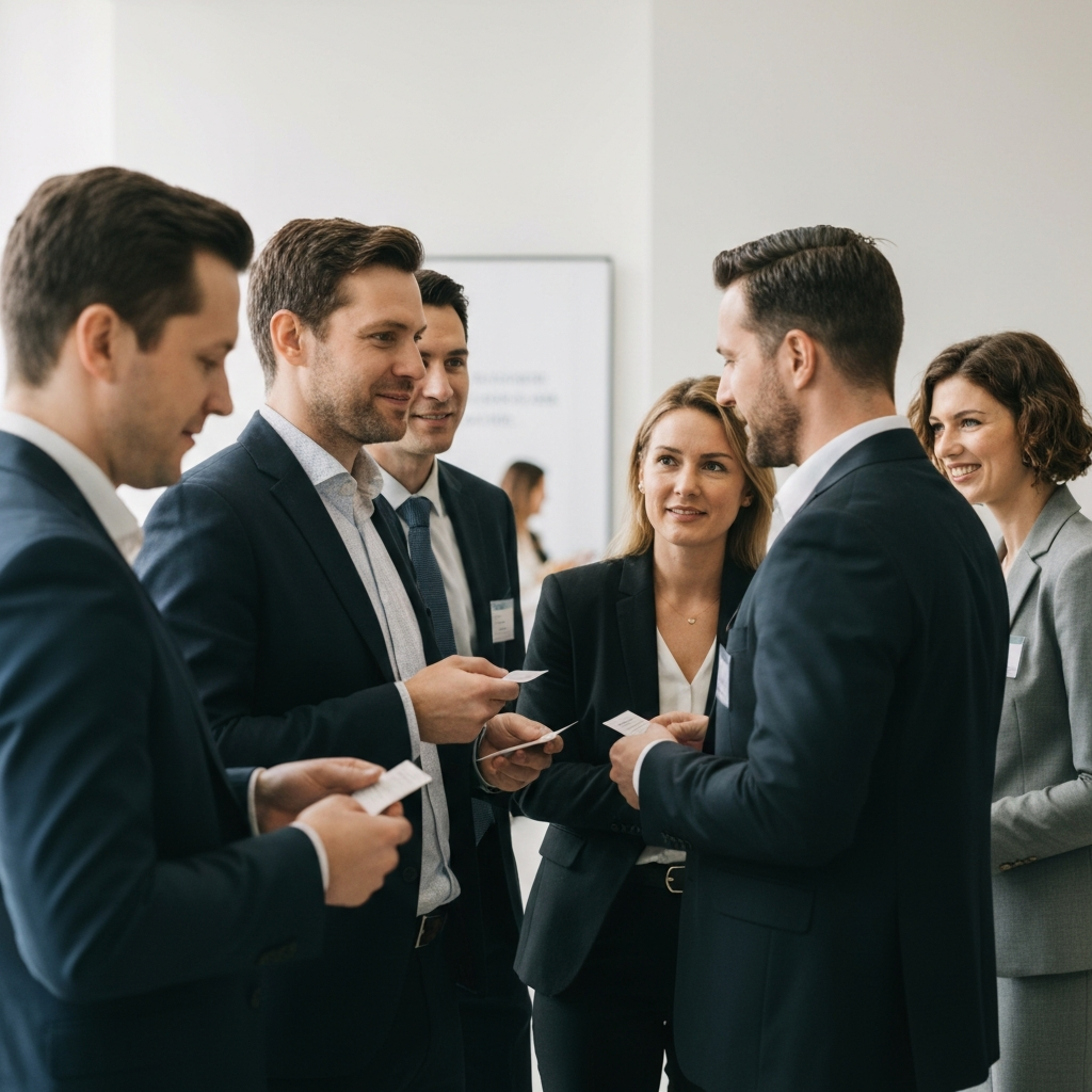 A group of professionals are gathered at a networking event, engaging in conversation and exchanging business cards. The lighting is bright and cheerful.
