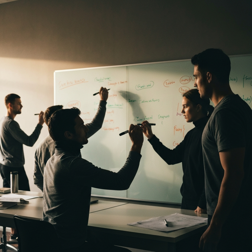 A team of developers is brainstorming ideas in a modern office space, writing on a glass whiteboard. The room is well-lit and the atmosphere is creative and collaborative.