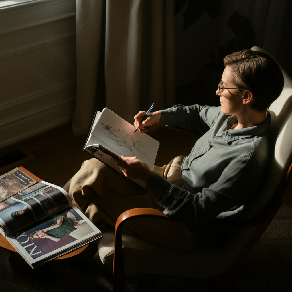 A person sits comfortably in a well-lit armchair, surrounded by magazines and notebooks. They are thoughtfully sketching and making notes, with natural light streaming in from a nearby window, casting soft shadows on the papers.