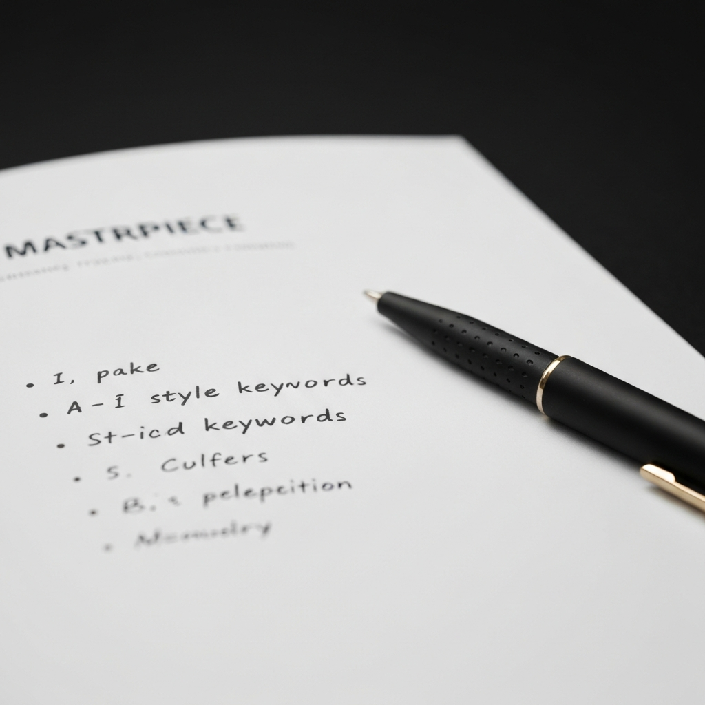 Close-up shot of a handwritten list of style keywords on a crisp white page. A stylish pen rests beside the list, and the background is blurred to emphasize the clarity of the words.