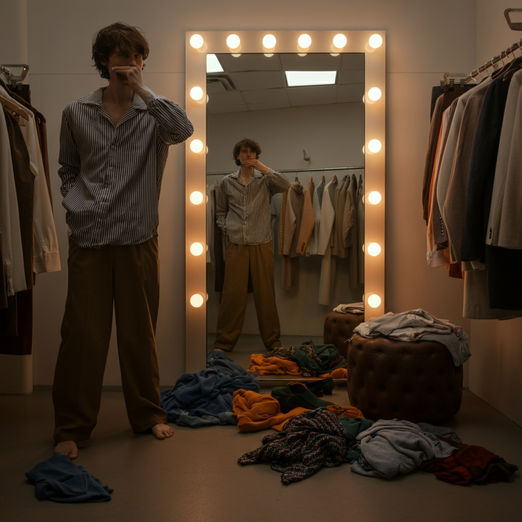 A brightly lit fitting room with a full-length mirror. A person is trying on a variety of clothing styles, ranging from fitted to loose-fitting. The scene captures the experimentation process, with clothing scattered around and the person carefully observing their reflection.