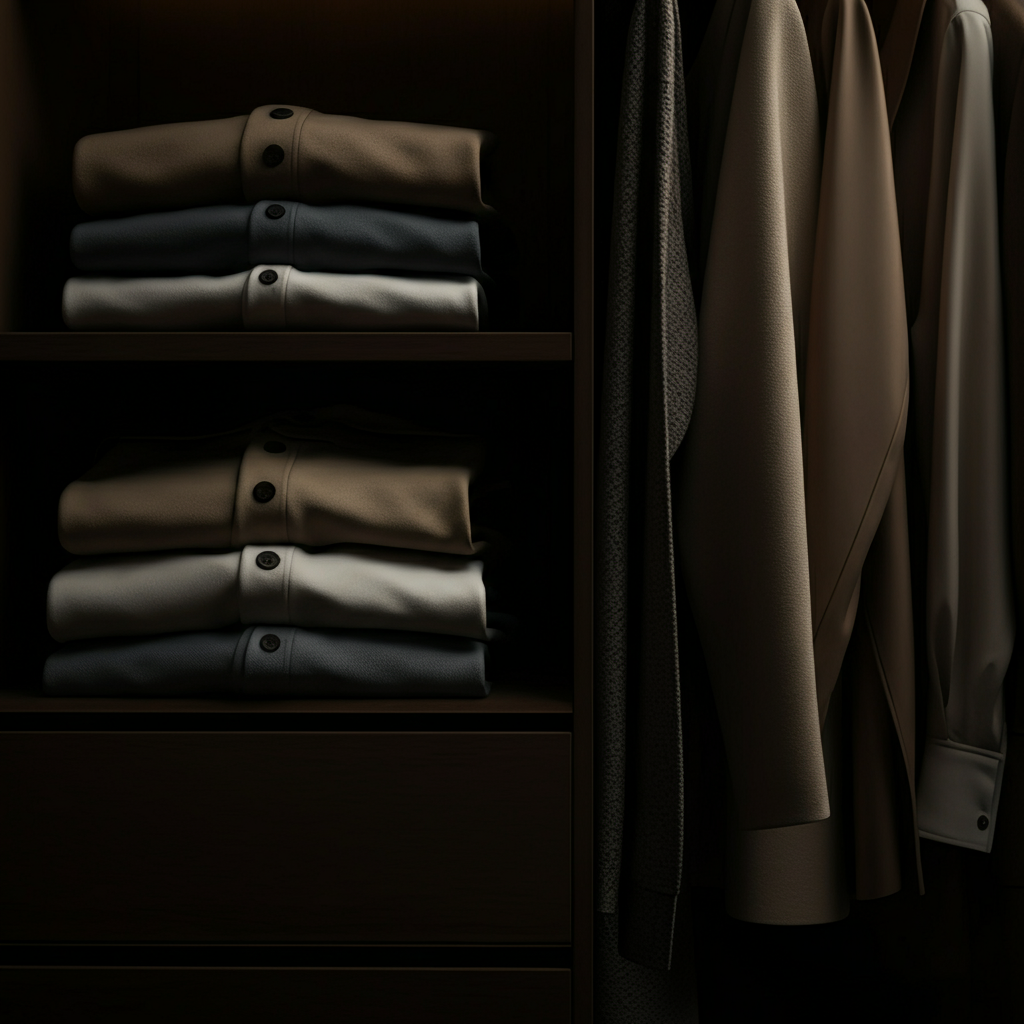A minimalist closet showcasing a curated capsule wardrobe. The clothes are neatly arranged and consist of neutral colors with a few pops of color. Soft lighting highlights the quality of the fabrics.