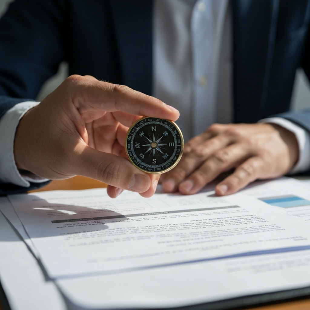 Close-up shot of a hand holding a compass against a blurred background of legal documents and financial statements. Soft, natural light illuminates the compass's face.