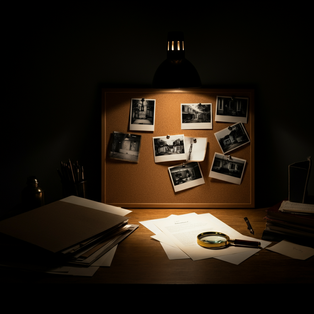 A detective's desk, cluttered with case files, photographs pinned to a corkboard, and a magnifying glass resting on a half-written report. Dim, focused lighting creates a sense of investigation.