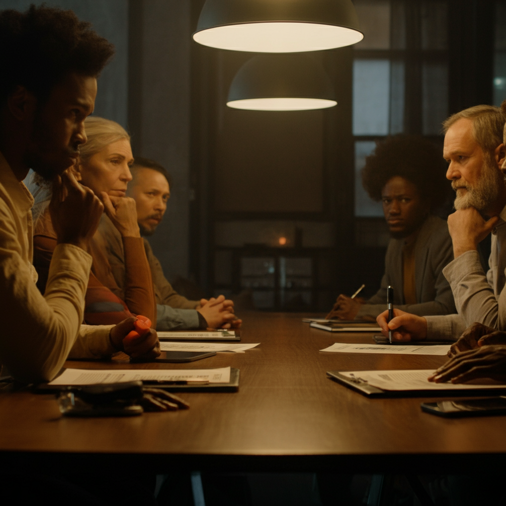 A conference table surrounded by diverse individuals, each with a unique expression of concern and contemplation. Soft focus on the faces and a warm, inviting lighting.