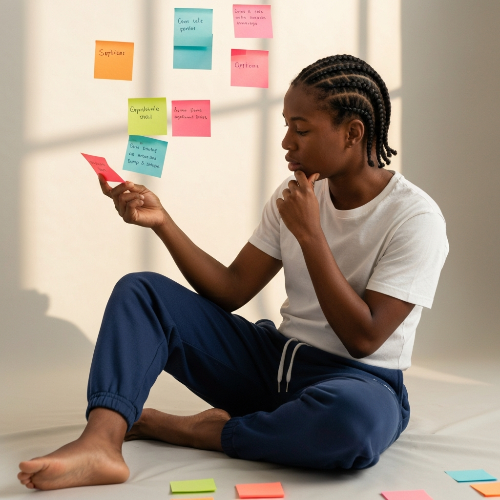 A person sitting at a desk, surrounded by sticky notes with various ideas and options written on them. The person is holding a pen and looking thoughtfully at the notes. Soft, diffused light creates a sense of creativity and brainstorming.