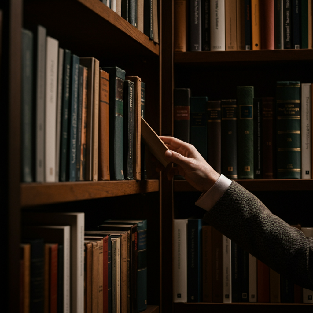 Bookshelves filled with philosophy and ethics texts. A hand reaches out to select a specific volume. Warm, academic lighting.
