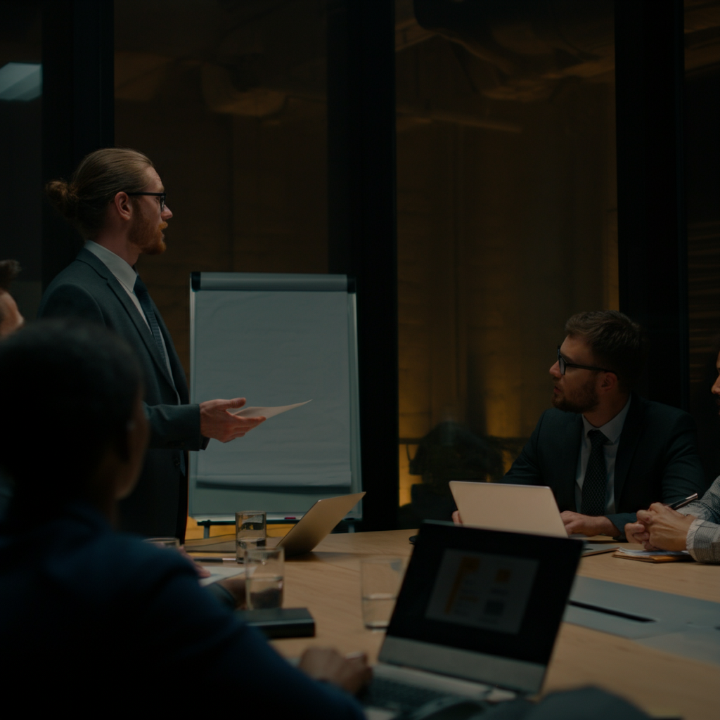 A person confidently presenting their decision to a group of colleagues in a professional meeting. The lighting is bright and the atmosphere is collaborative.