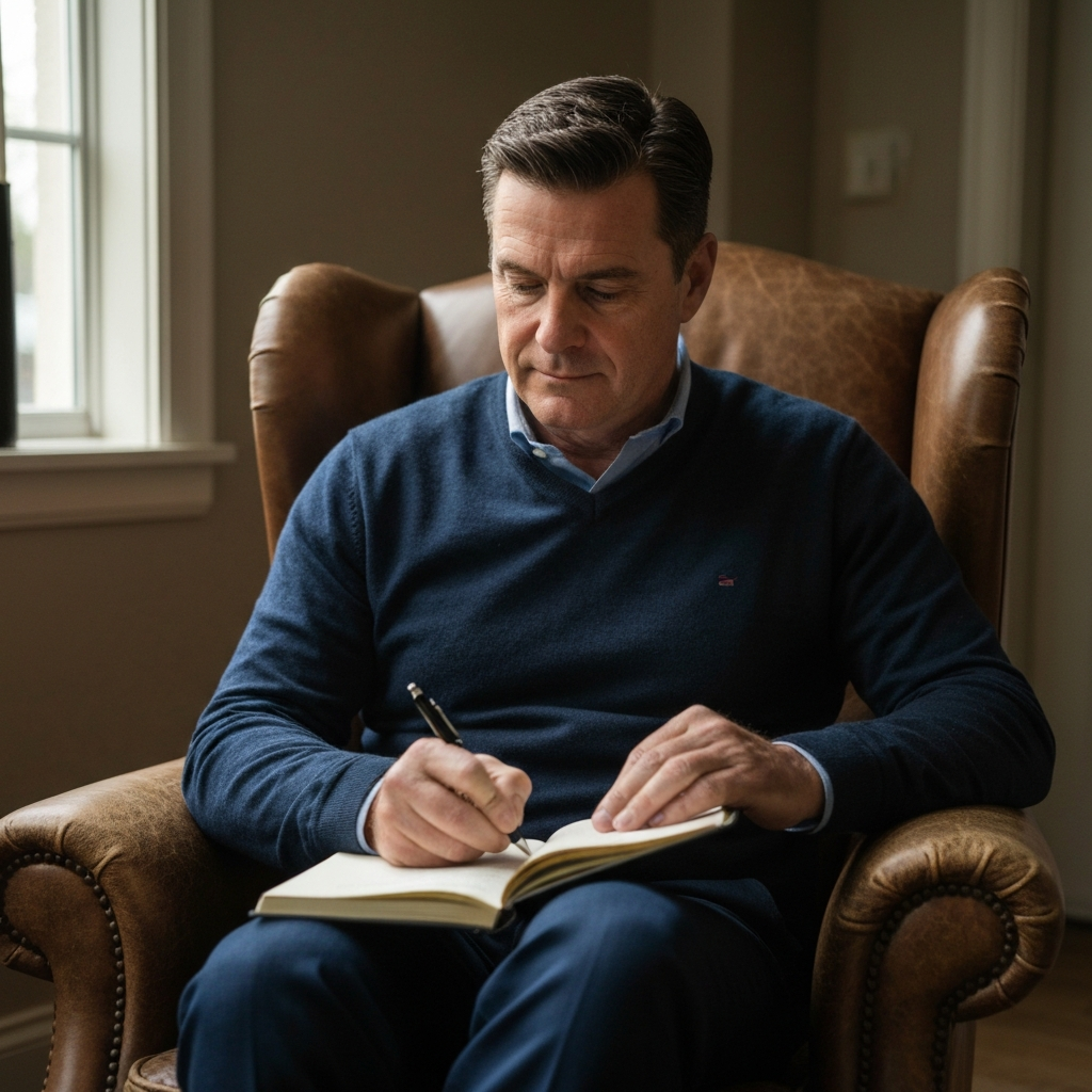 A person sitting quietly in a comfortable armchair, journaling about their experiences and reflections. Soft, natural light streams in from a nearby window.