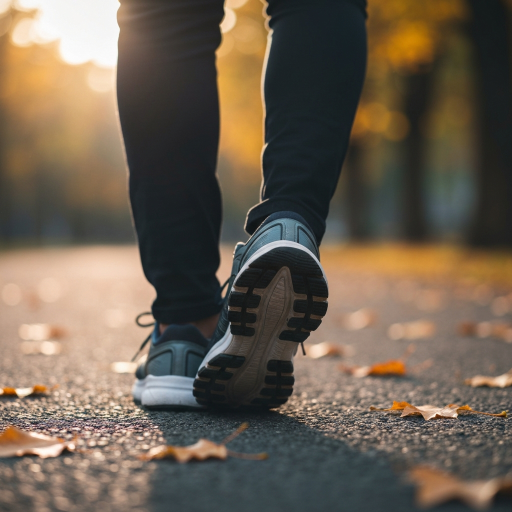Close-up of running shoes hitting asphalt, with soft bokeh in the background showcasing autumn leaves.