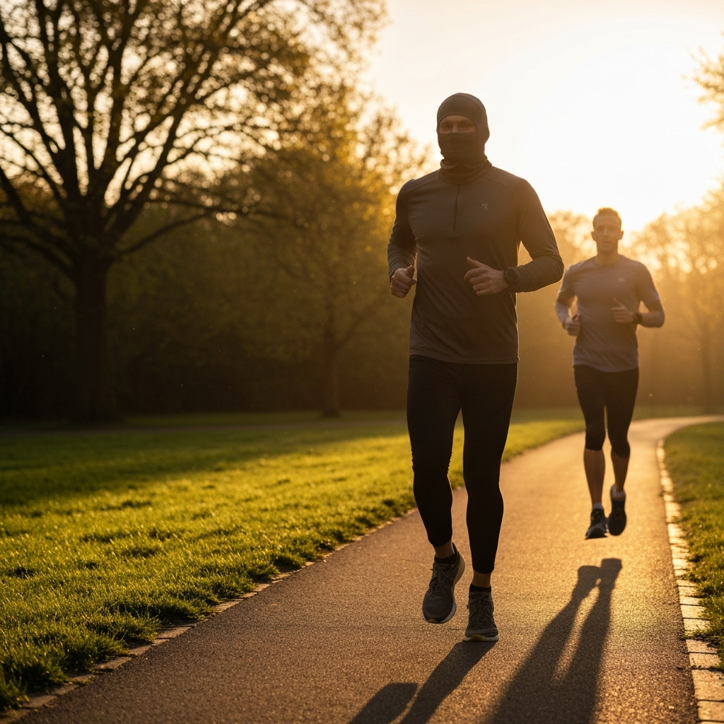 A runner with a relaxed posture, running on a paved trail in a park under golden hour lighting, with a companion running alongside.
