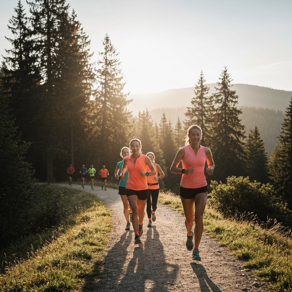 A wide shot of a group of runners on a scenic mountain trail, with sunlight filtering through the trees.