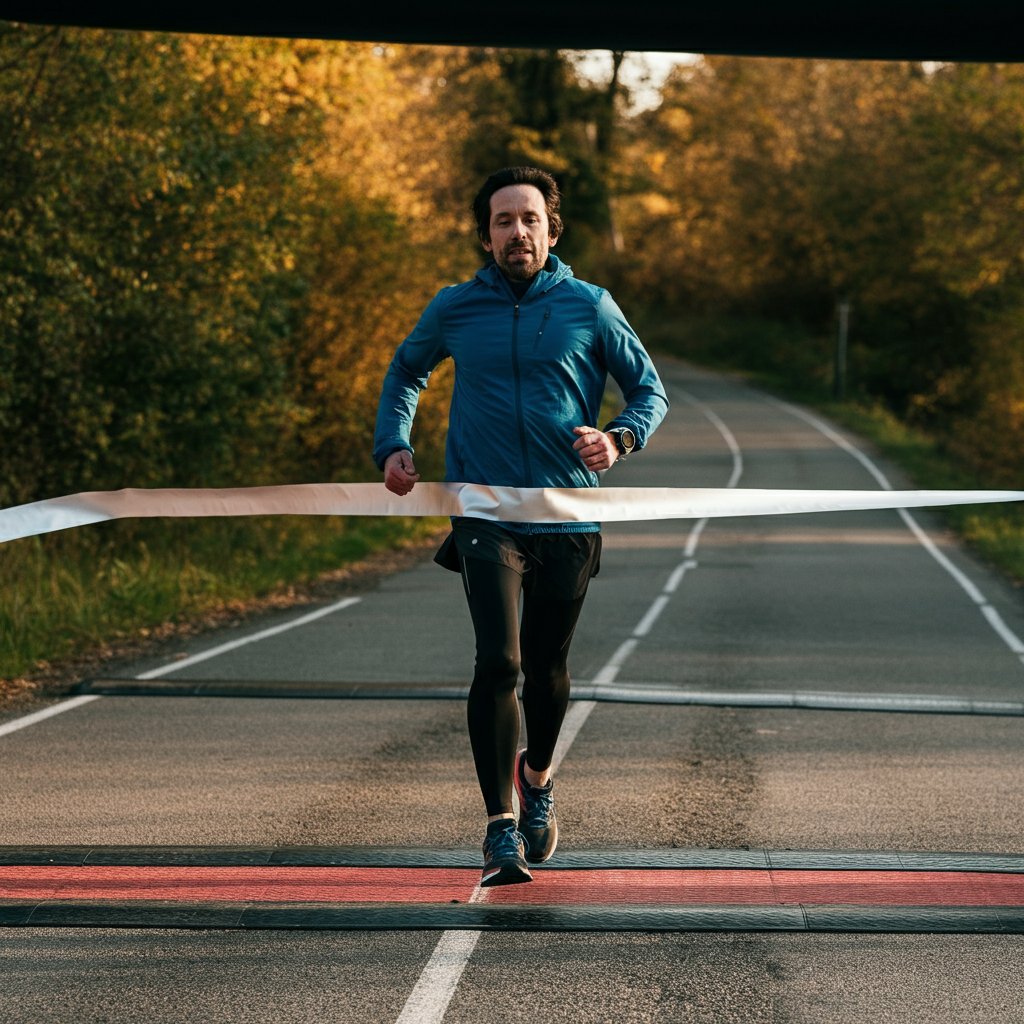 A runner crossing the finish line of a race, with a look of accomplishment on their face.