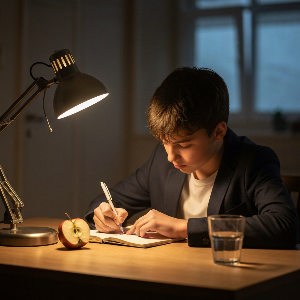 A teenager is sitting at a wooden desk, illuminated by a warm desk lamp, meticulously writing in a small notebook with a pen. A half-eaten apple and a glass of water sit to the side. Soft bokeh blurs the background.