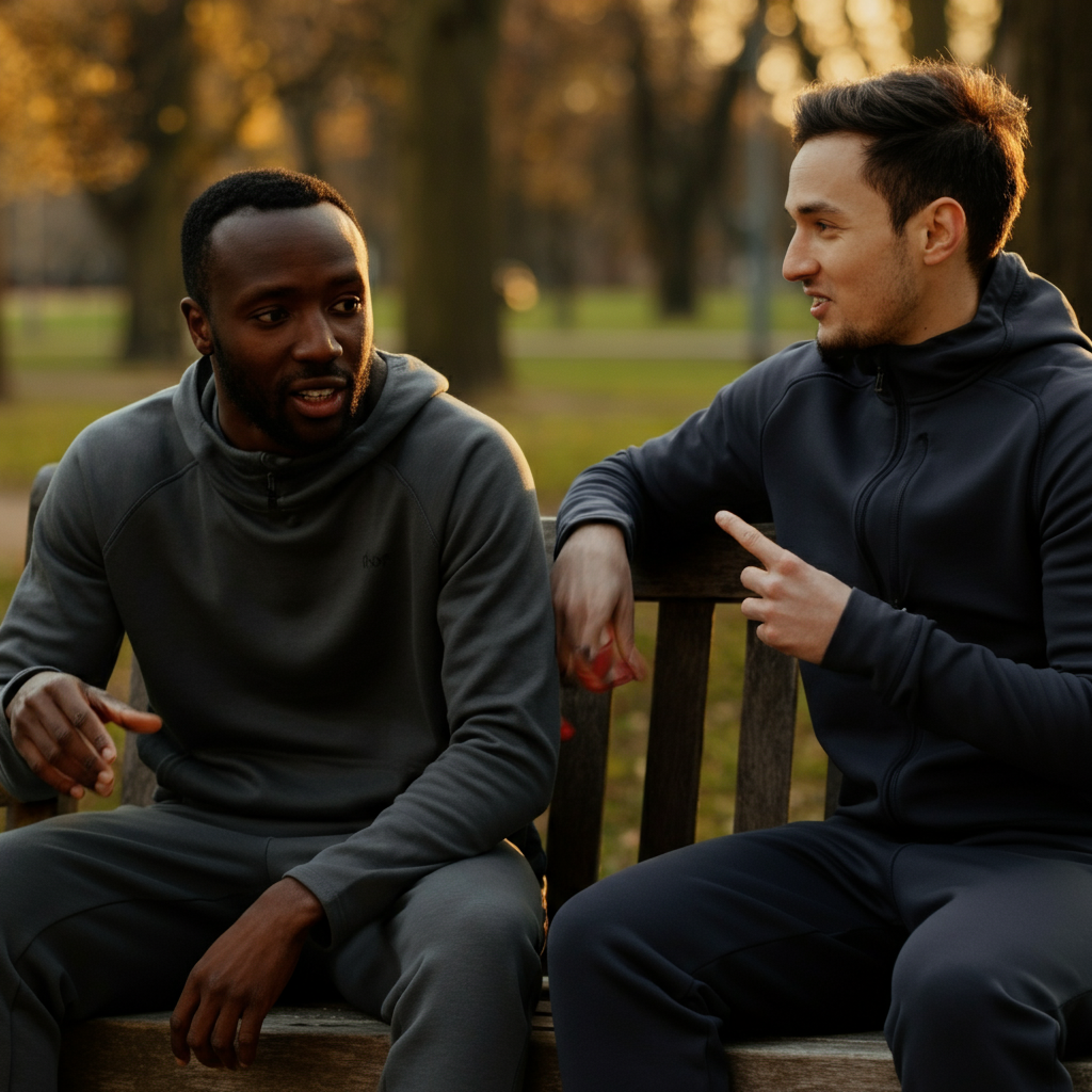 Three friends are sitting on a park bench, bathed in golden hour lighting, engaged in an animated conversation. The focus is on their facial expressions and hand gestures, capturing the warmth and connection between them. Soft focus on the trees in the background.