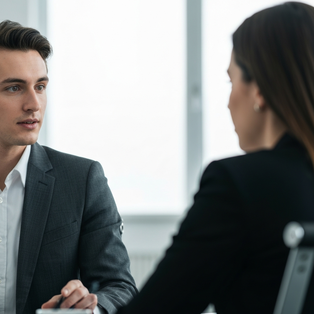 A young professional is sitting in a brightly lit office, listening intently to a colleague. The scene emphasizes active listening and empathy, with soft textures and diffused lighting.