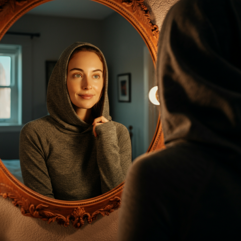 A young woman looking in a mirror in her bedroom, with soft, diffused light gently illuminating her face. She is smiling softly at her own reflection with clothes that cover her body.