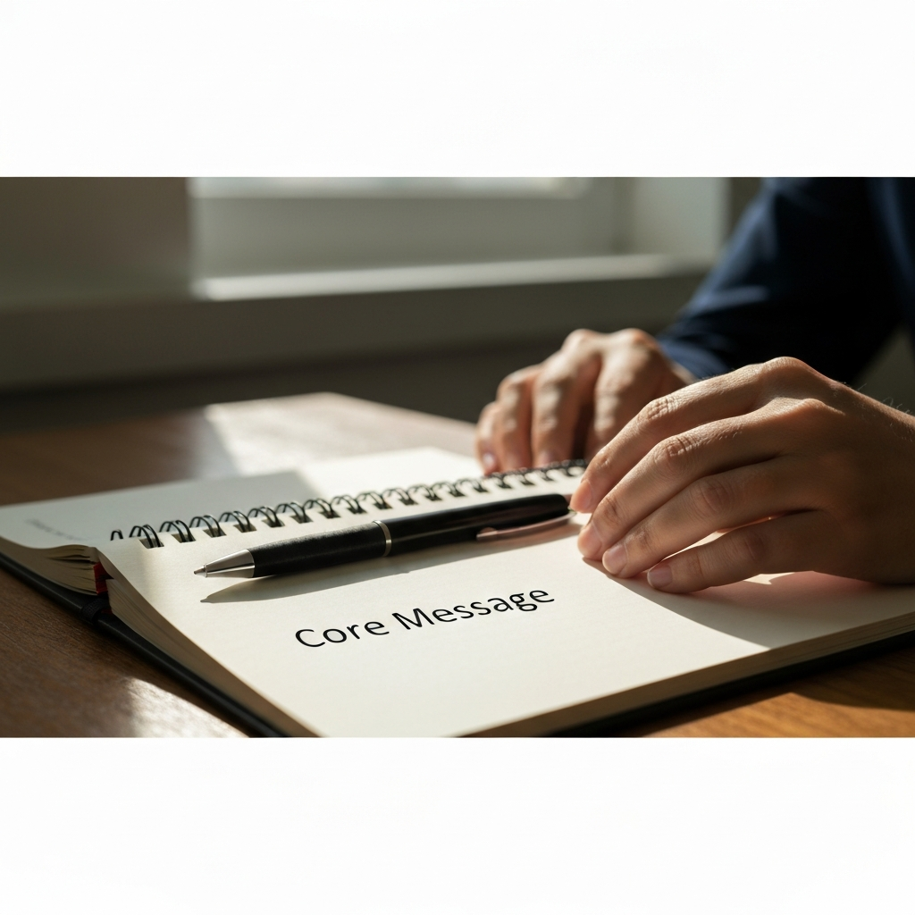 A close-up shot of a notebook and pen on a wooden desk. Soft, natural light streams in from a window, illuminating the page where the words "Core Message" are clearly written. The background is blurred, creating a shallow depth of field.