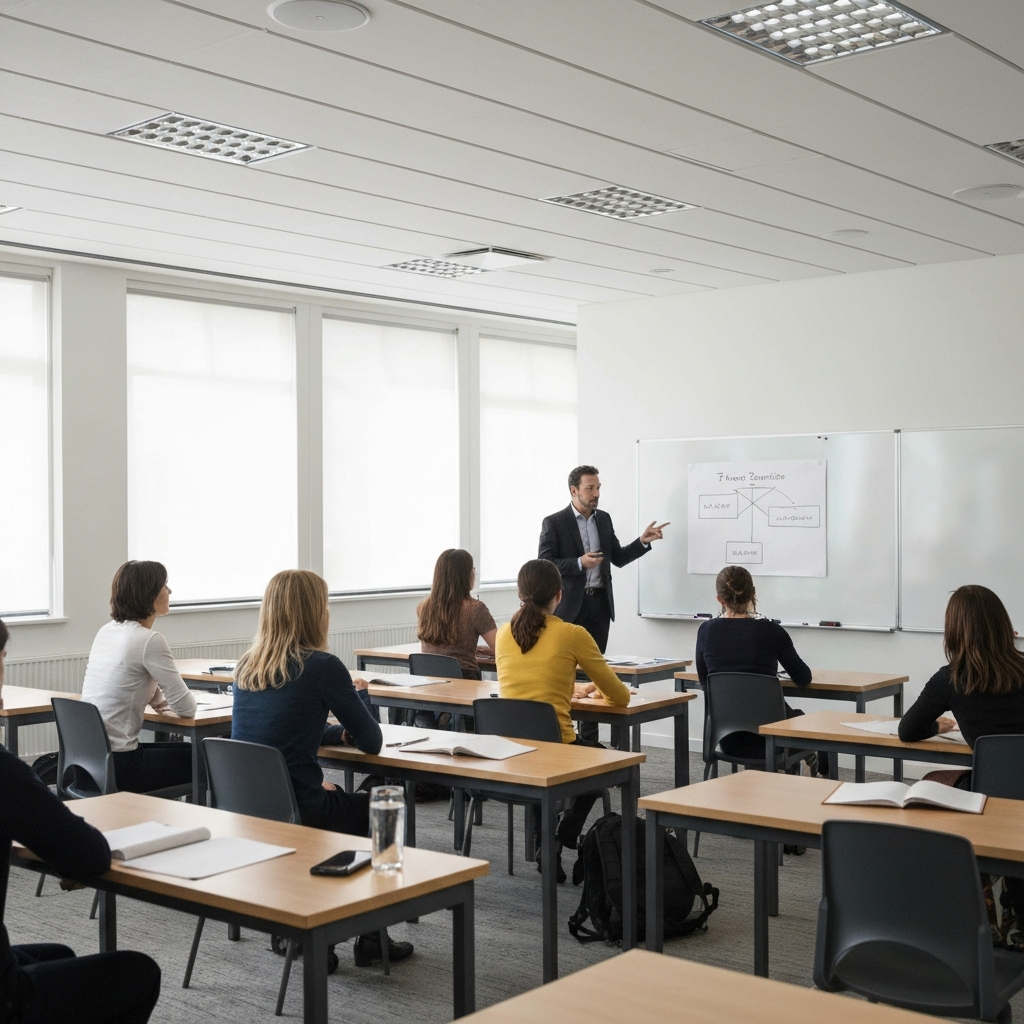A wide shot of a brightly lit classroom. Students are seated at desks, attentively listening to a teacher who is gesturing towards a whiteboard covered with a diagram representing the three-act structure. The teacher is dressed in professional attire. The lighting is diffused and even.