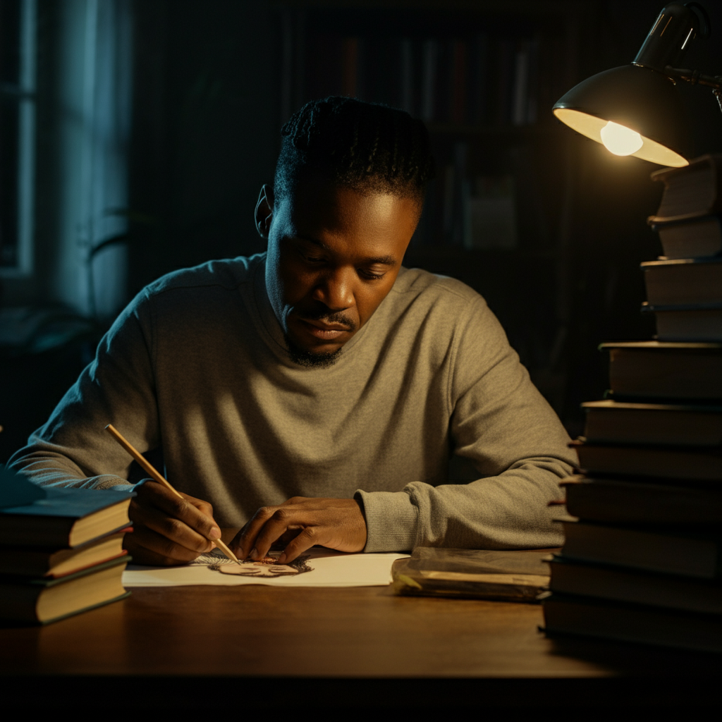 A medium shot of an author working at a desk, illuminated by a warm desk lamp. The author is surrounded by books and papers, and their focused expression conveys deep thought. The background is softly blurred, emphasizing the author's concentration. A half-finished character sketch is visible on the desk.