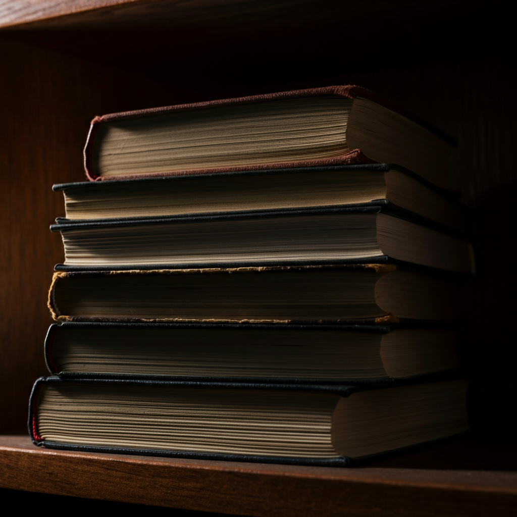 A close-up shot of a stack of old, leather-bound books on a wooden shelf. The light is dim and filtered, highlighting the textures of the leather and the aged paper. The background is dark and out of focus, creating a sense of mystery and history.
