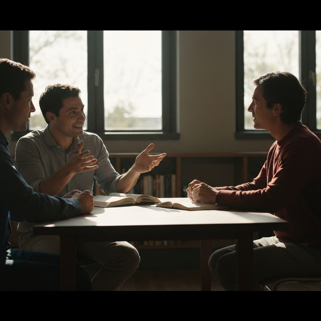 A medium shot of two people engaged in a lively discussion around a table in a sunlit library. Books are stacked on the table. One person gestures enthusiastically while the other listens intently. The lighting is bright and natural, casting long shadows.