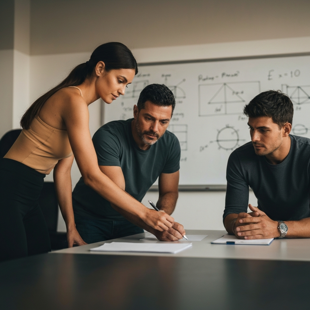 A wide shot of a group of people working together to solve a problem. The room is brightly lit, and the expressions on their faces reflect determination and collaboration. A whiteboard in the background is covered with diagrams and equations.