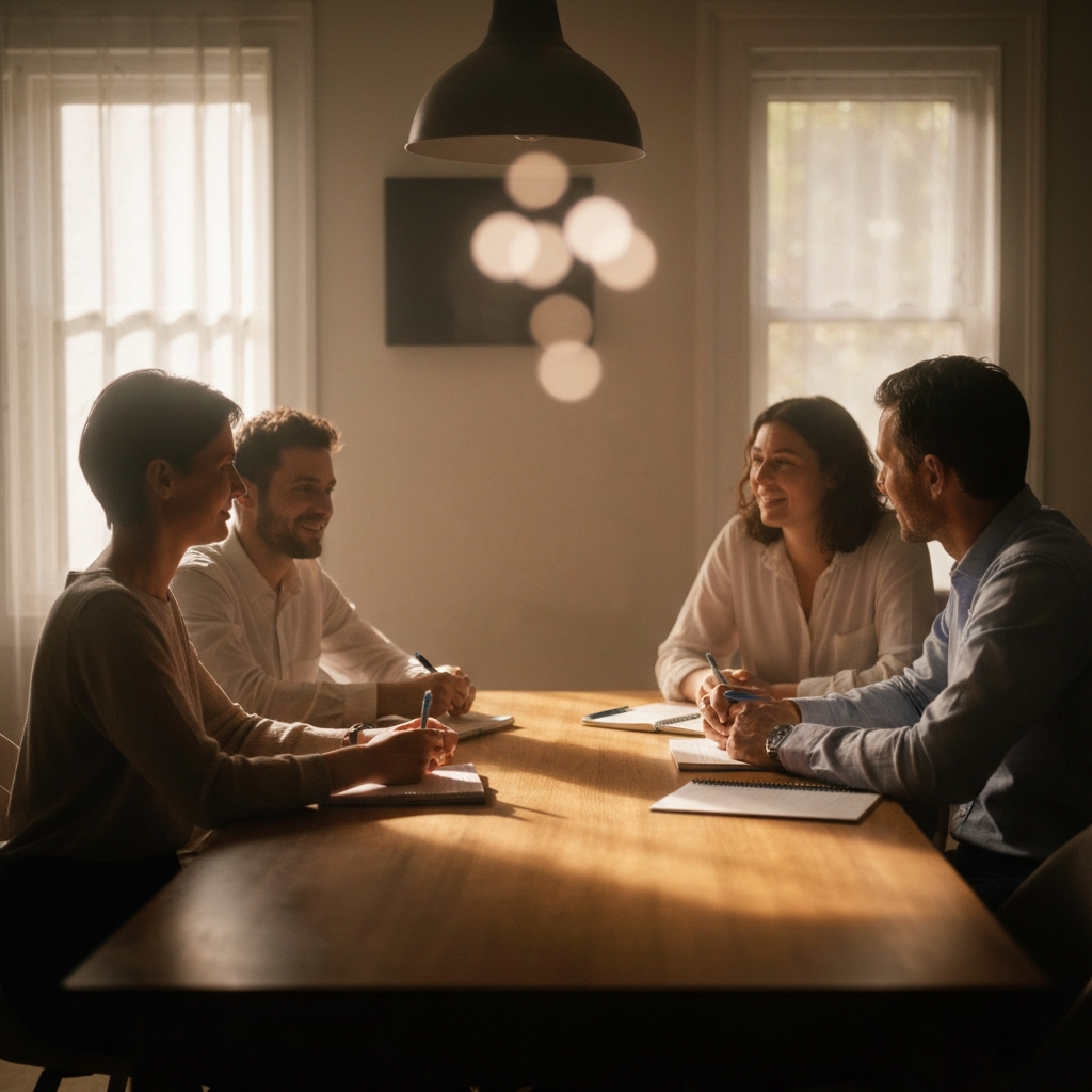 A family of four sitting around a dining table, illuminated by warm, diffused light from a nearby window. They are engaged in a lively conversation, with notepads and pens scattered on the table. Soft bokeh from the window creates a cozy atmosphere.