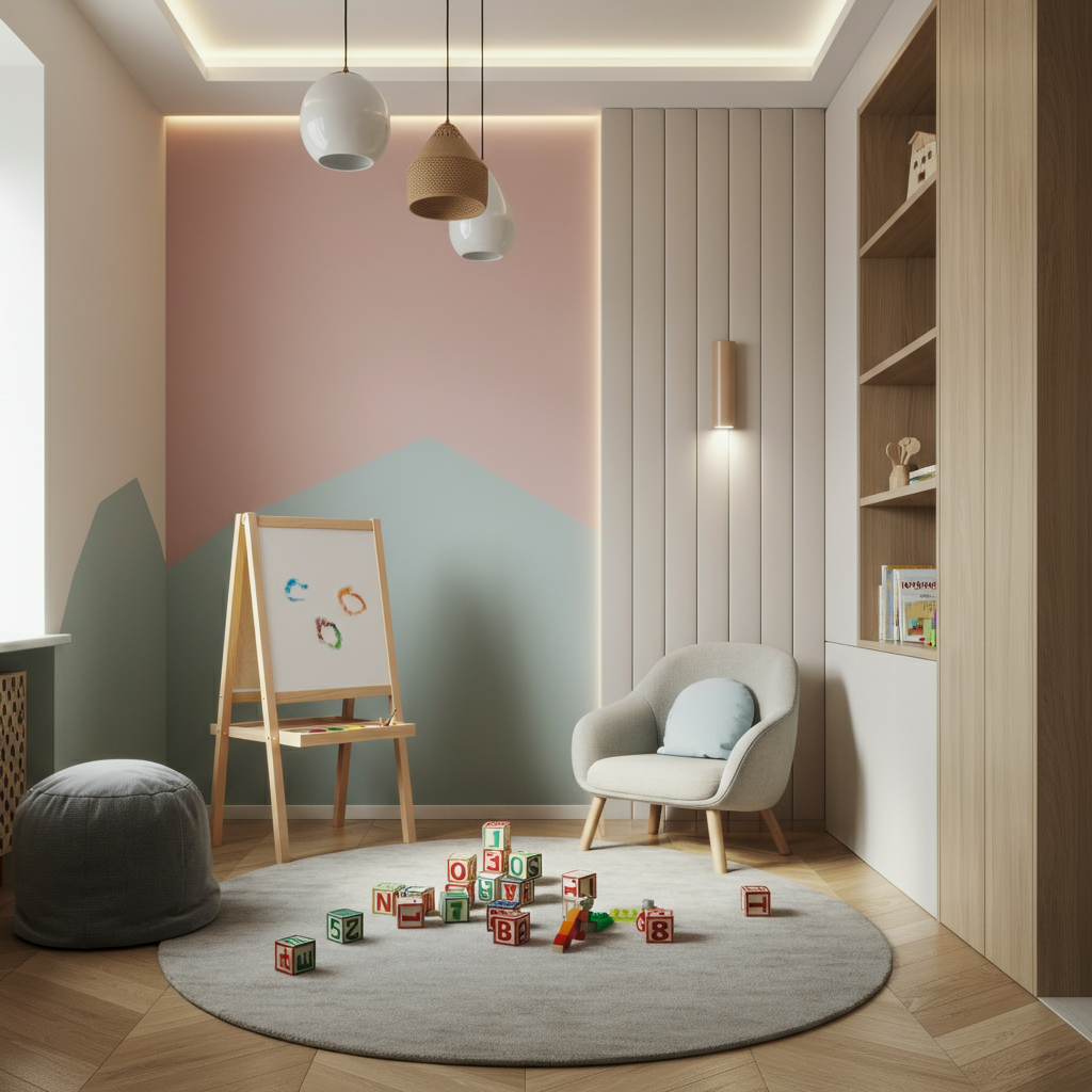 A brightly lit children's playroom. Walls are painted in calming pastel colors. Different areas are visible: a small art easel with colorful paints, a reading corner with a comfy armchair and books, and a play area with building blocks scattered on a rug. Soft light streams through a window.