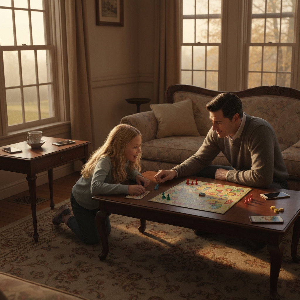 A living room at dusk. A father and daughter are playing a board game on a coffee table illuminated by a table lamp. Their phones are placed face down on a side table, out of reach. Soft, ambient light fills the room.